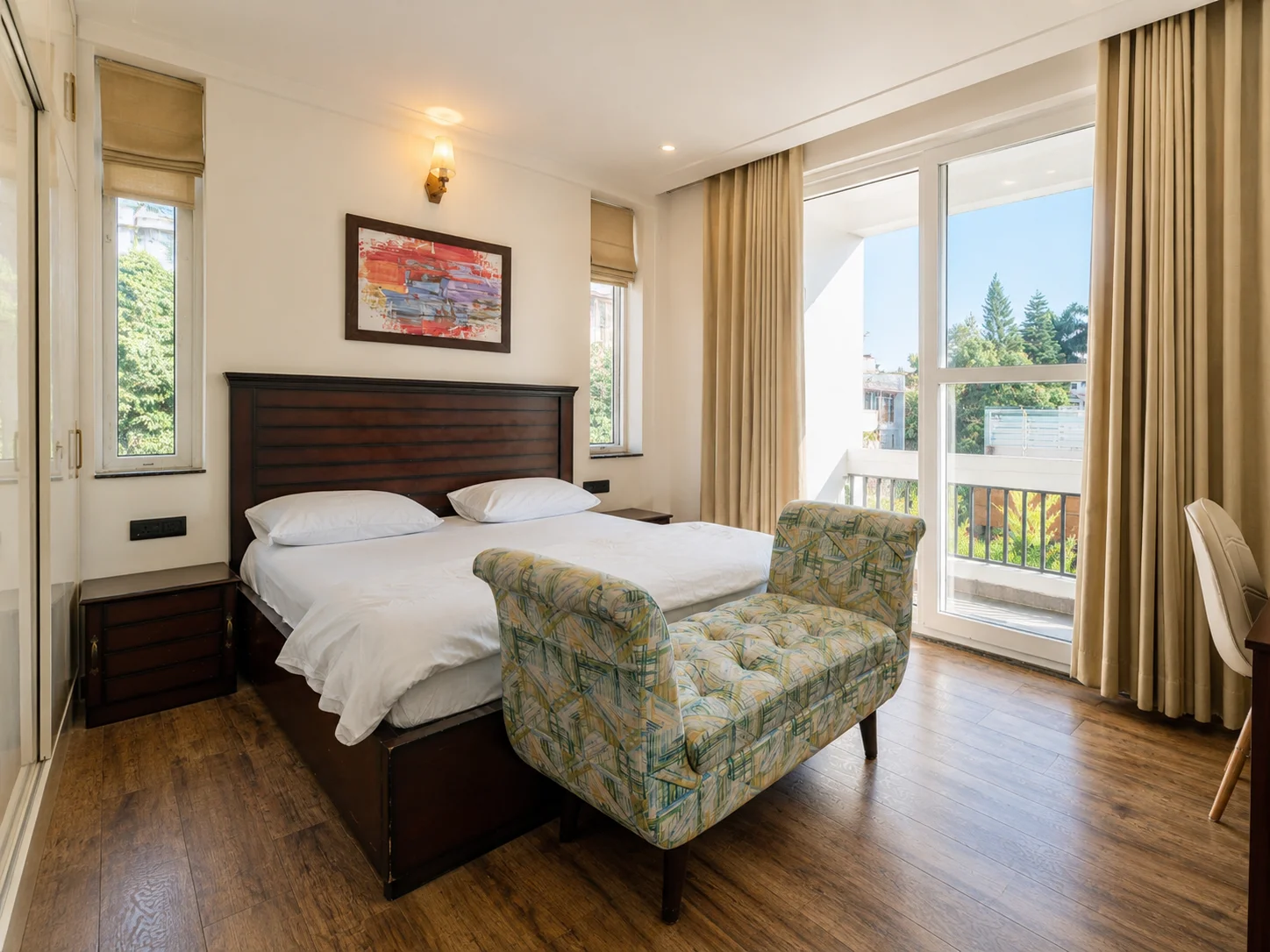 Premium guest bedroom interior styling at our quiet homestay in Dehradun for remote work